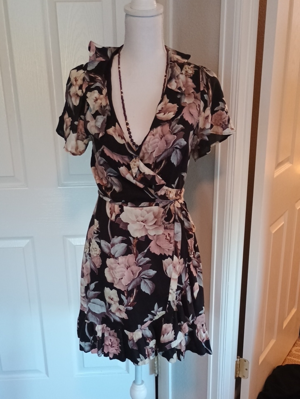 PAIGE Black Wrap Mini Dress with Blush Floral Print